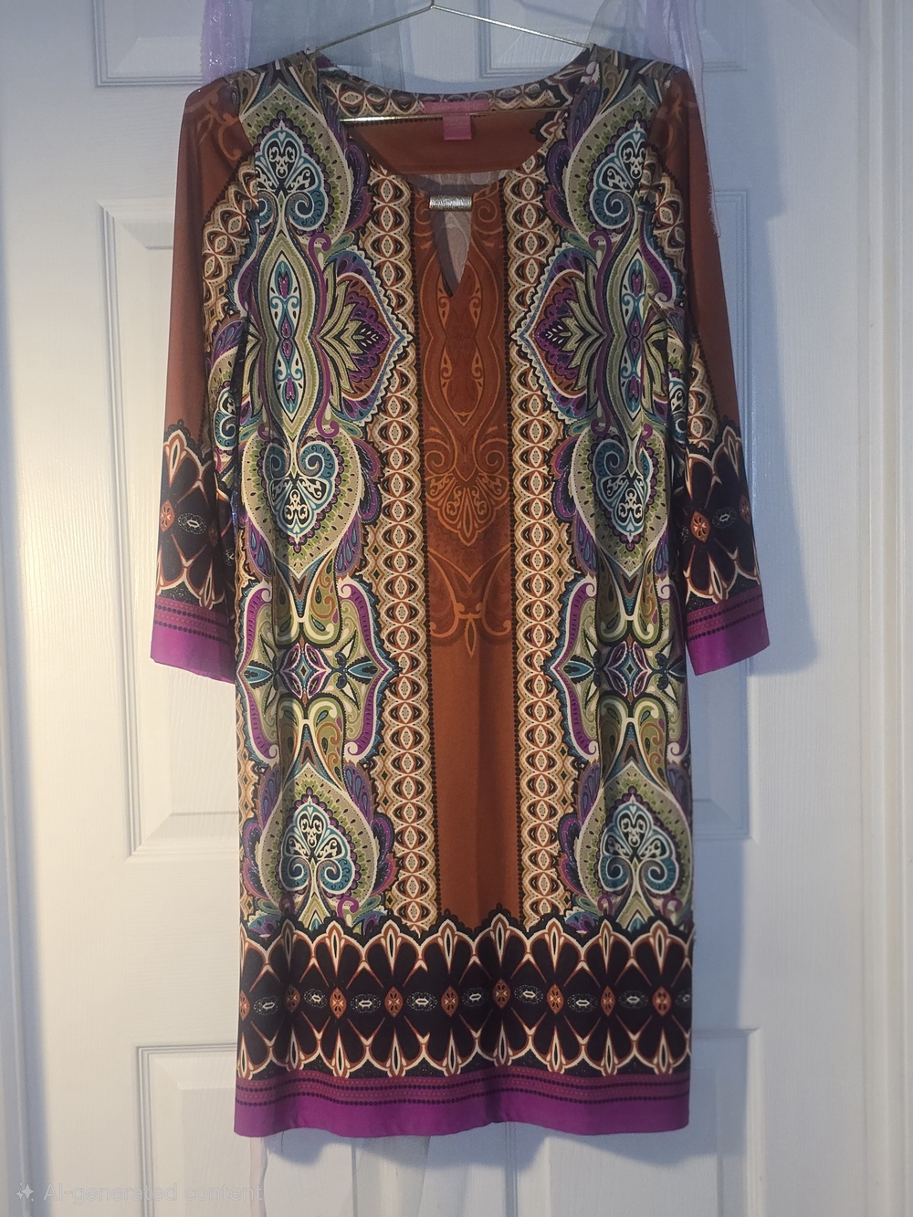 Sunny Leigh Paisley-Pattern Midi Dress in Rust and Purple Accents